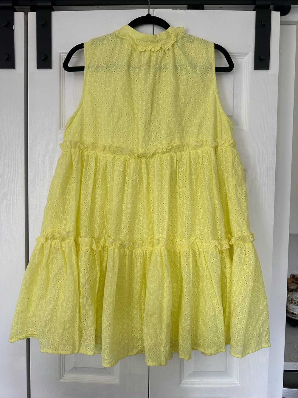 SHEIN Yellow Eyelet Tiered Mini Dress Size L Sleeveless Ruffle Summer Dress